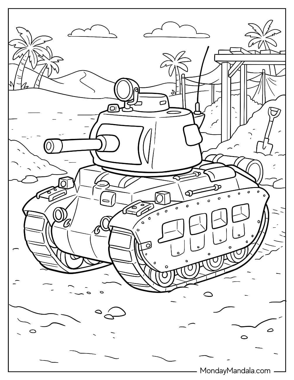 Military Tank on a Tropical Beach with Palm Trees Coloring Sheet