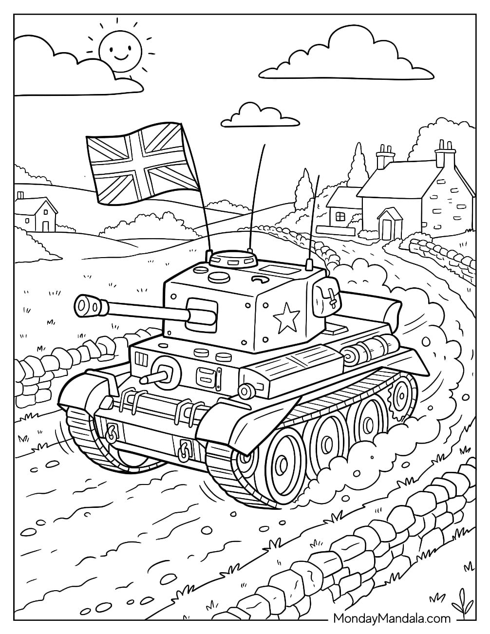 Military Tank with British Flag on a Countryside Road Coloring Sheet
