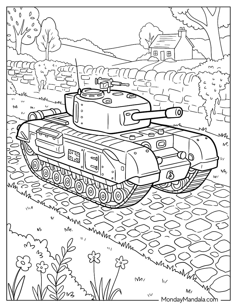 Military Tank with British Markings on a Countryside Road Coloring Sheet