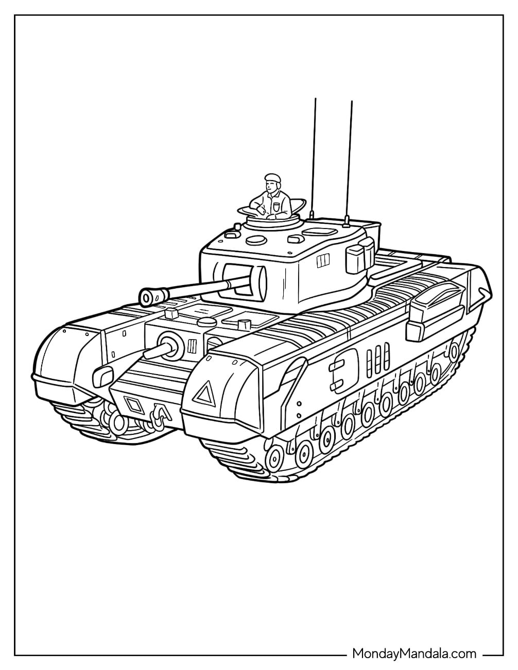 Military Tank with Commander Coloring Page for Kids