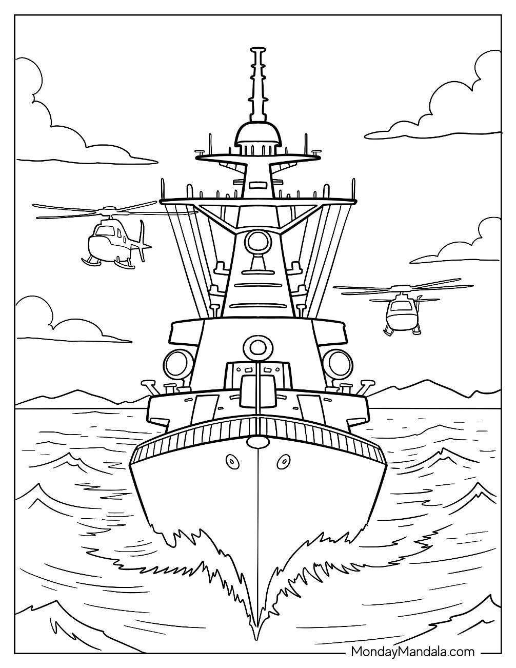 Boat & Ship Coloring Page of Military Warship Sailing the Open Sea with Support Choppers in the Sky