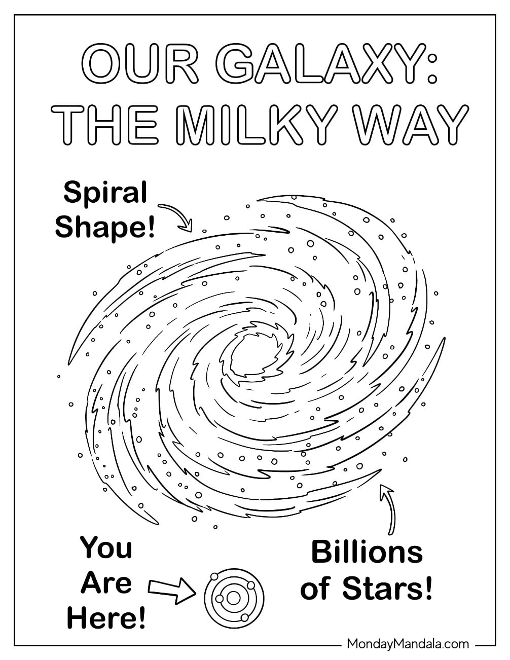 Solar System Coloring Page of Milky Way Spiral Galaxy with Billions of Stars