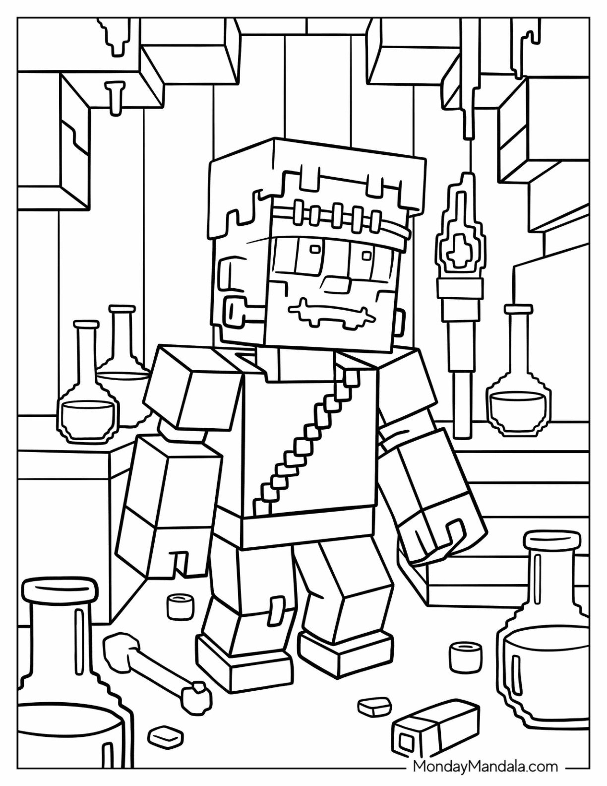 Minecraft Frankenstein Coloring Page In Cave With Potions for Kids