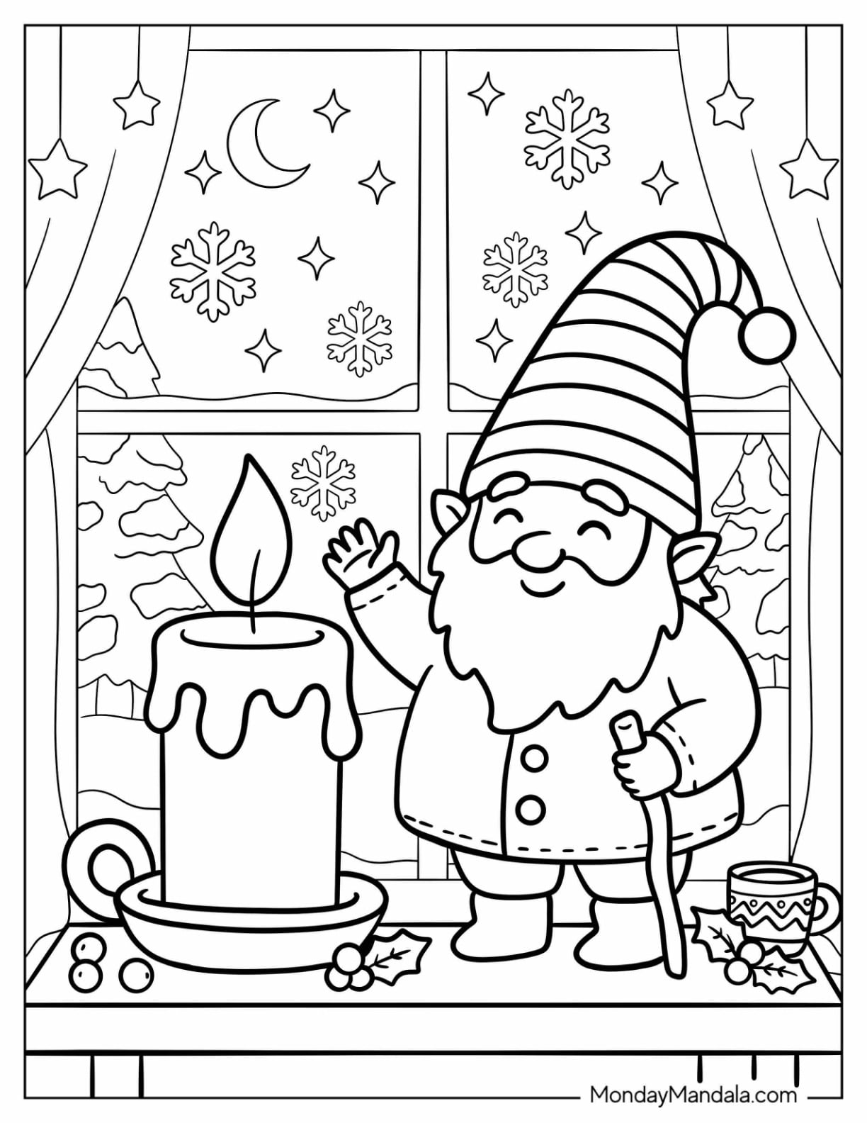Mini Christmas Gnome Coloring Page wiht a Lighted Candle