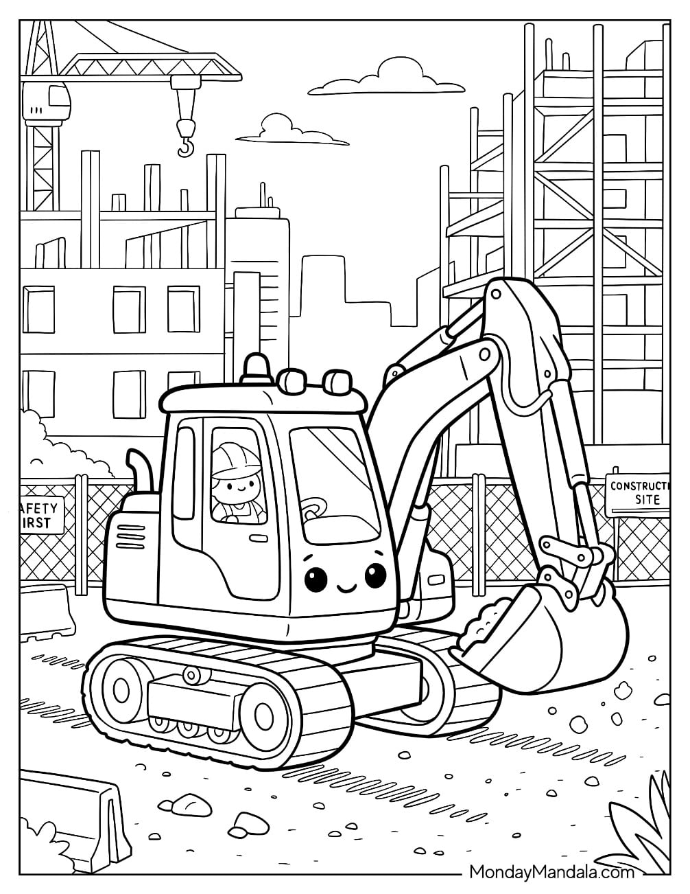 Mini Crawler Excavator at a Construction Site Coloring Page for Kids