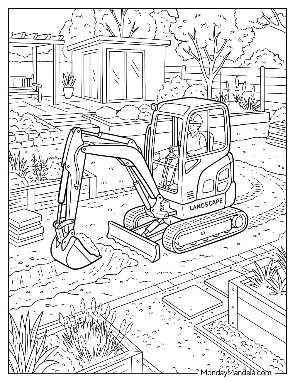 Mini Crawler Excavator with Bulldozer Blade for Landscaping Coloring Sheet