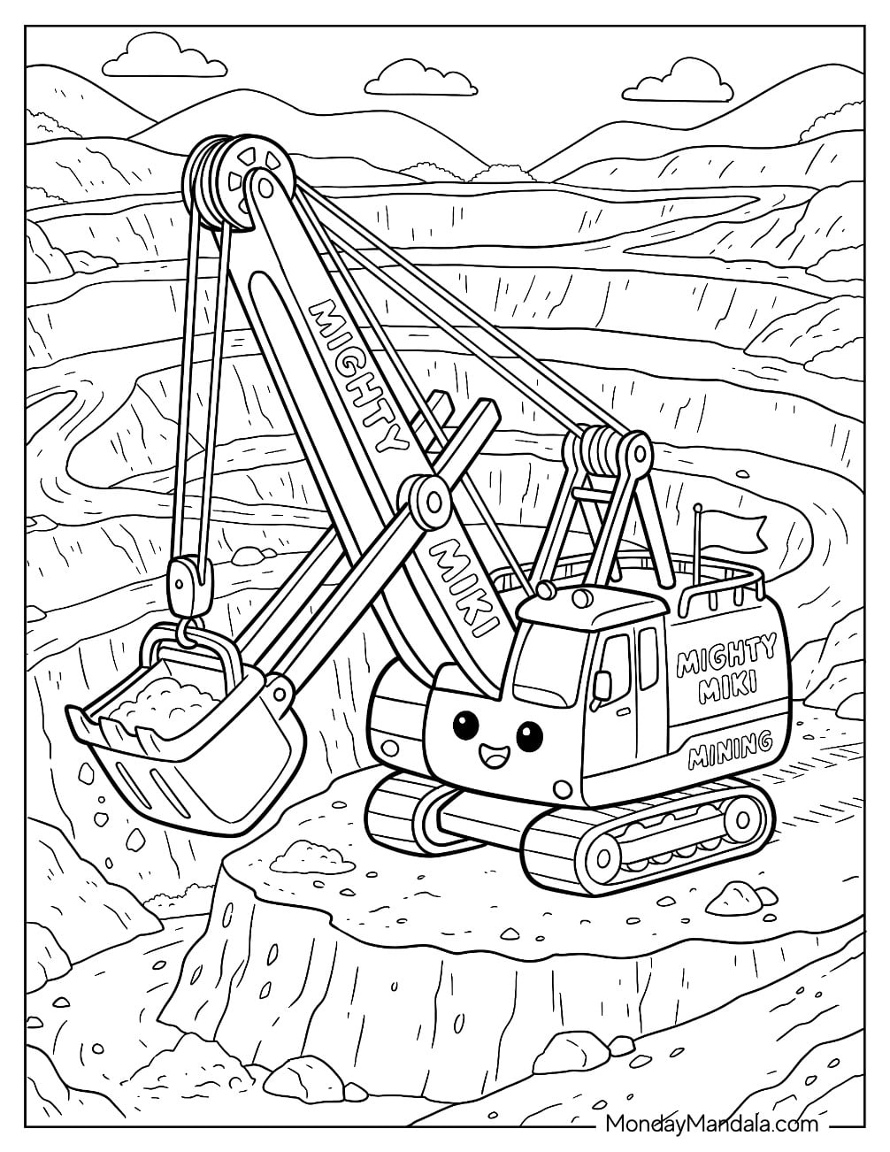 Mini Dragline Excavator with Cable Operated Bucket at a Mining Site Coloring Page for Kids
