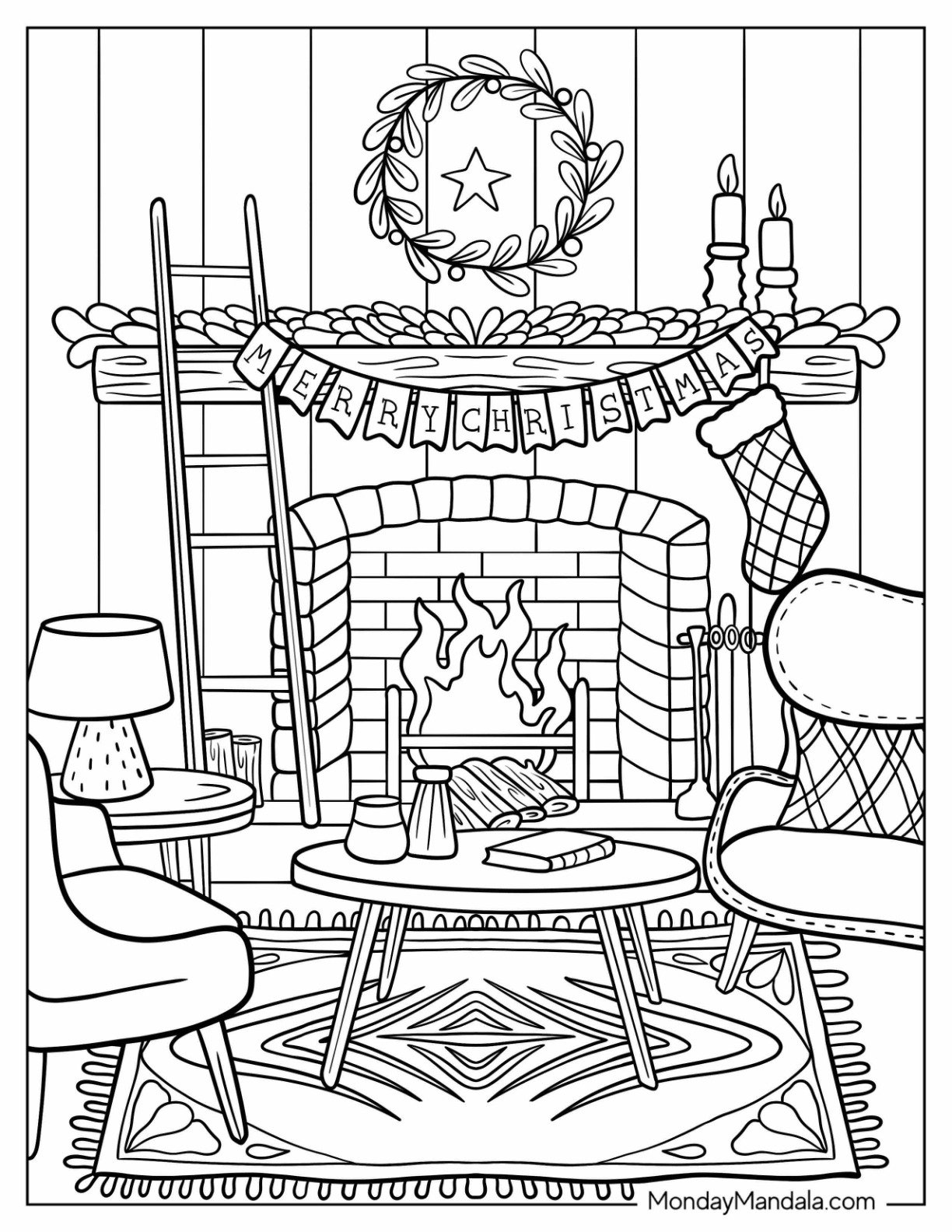 Minimalist Cute Christmas Fireplace With Banner Coloring Page