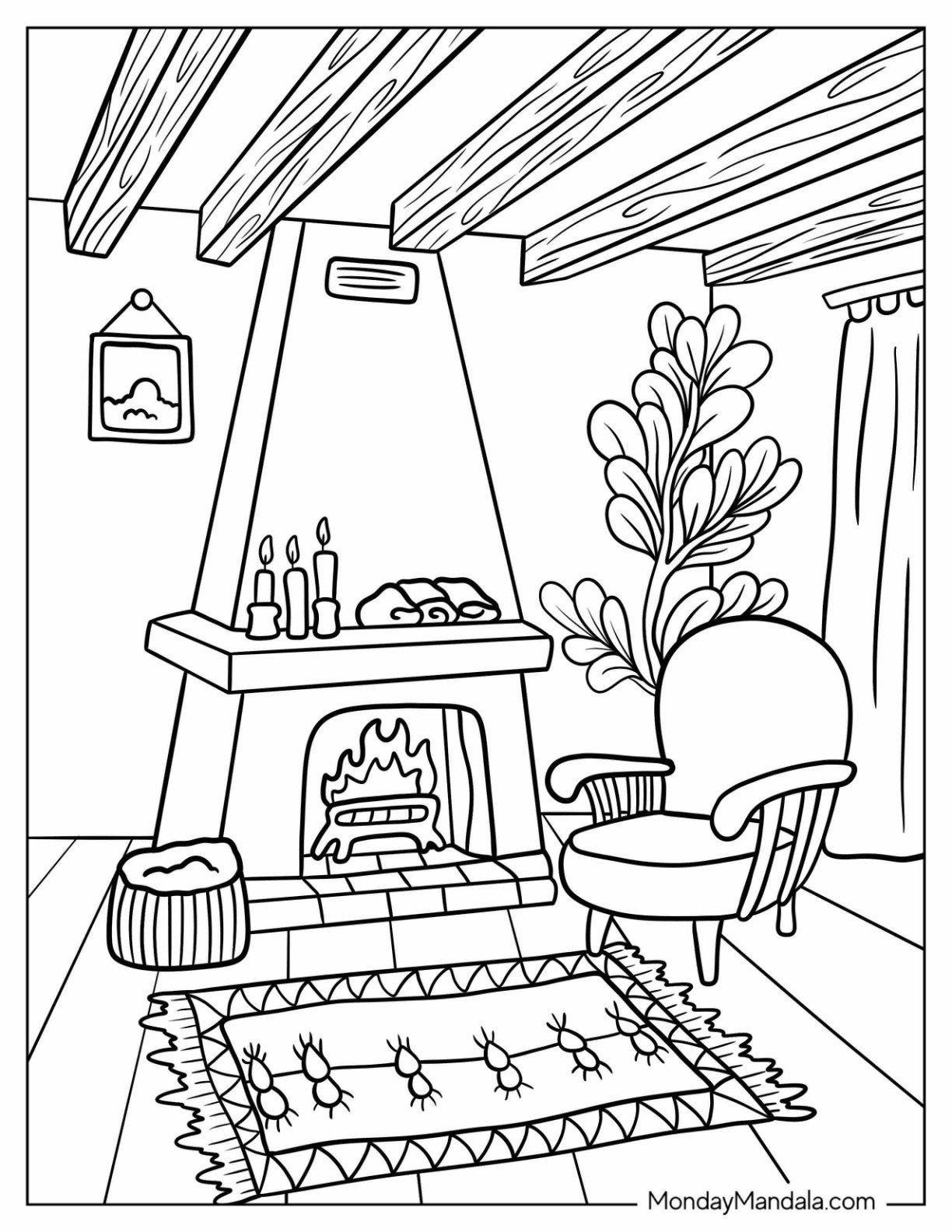 Minimalist Living Room Fireplace Coloring Page With Potted Plant And An Armchair