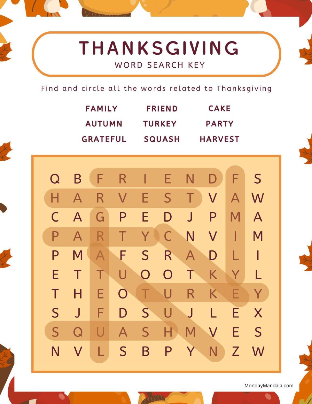Minimalist Thanksgiving Word Search Answer Key