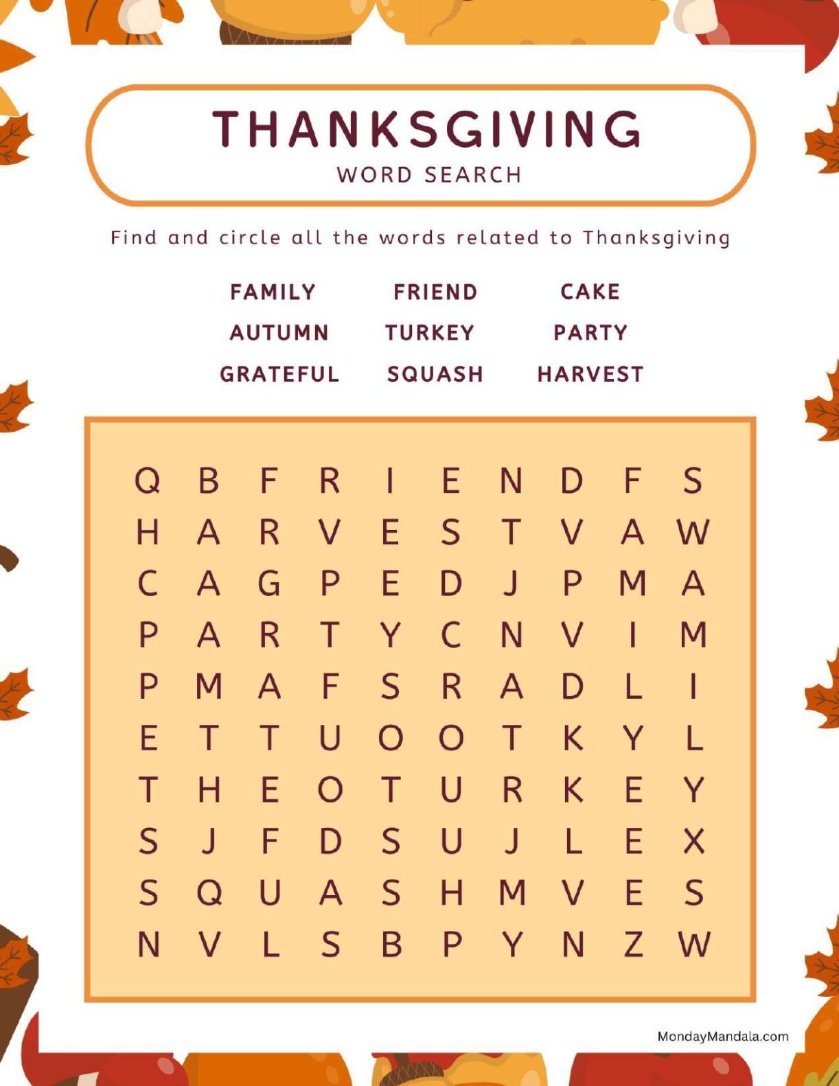 Minimalist Thanksgiving Word Search
