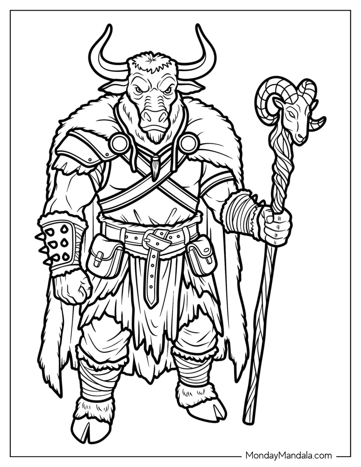 Minotaur Warrior with Fur Armor and a Ram Horn Staff Coloring Page