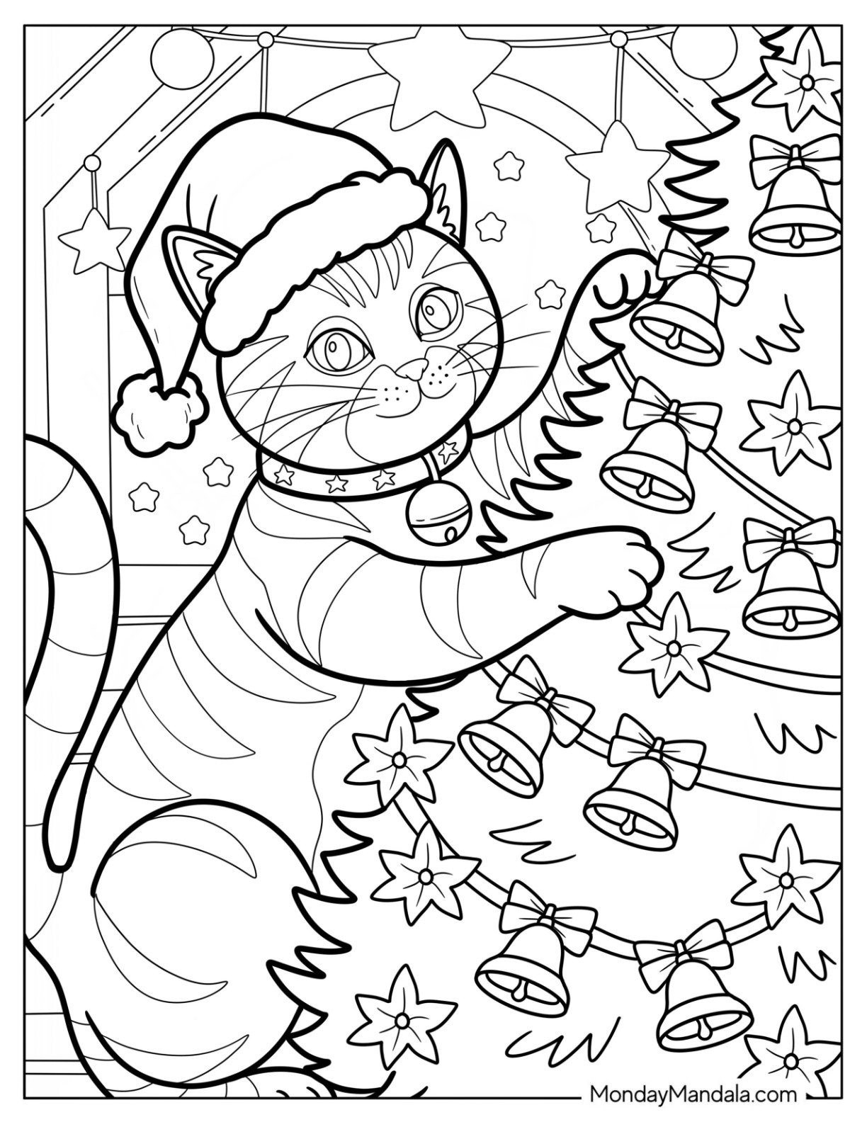 Mischievous Christmas Cat Coloring Page Climbing the Tree with Bells