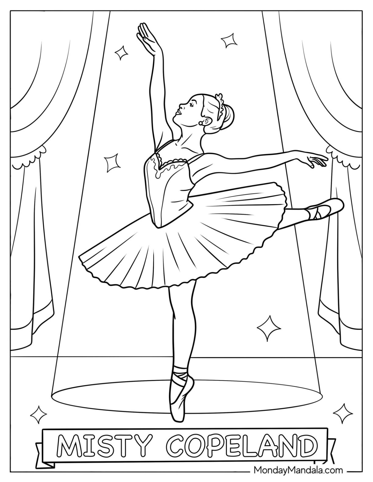 Black History Month Coloring Page of Misty Copeland Dancing Ballet on Stage