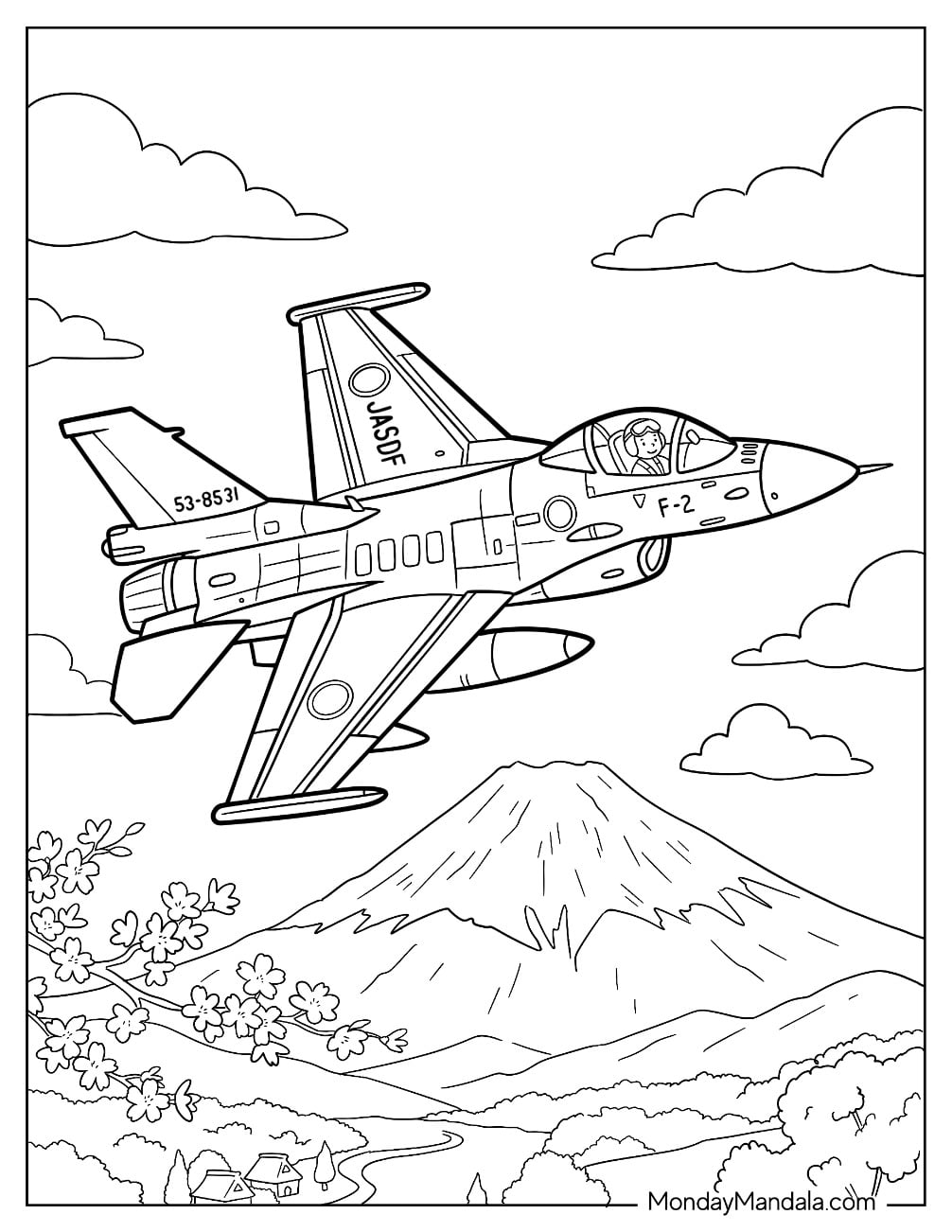 Mitsubishi F 2 Fighter Jet Flying Over Mount Fuji Coloring Page