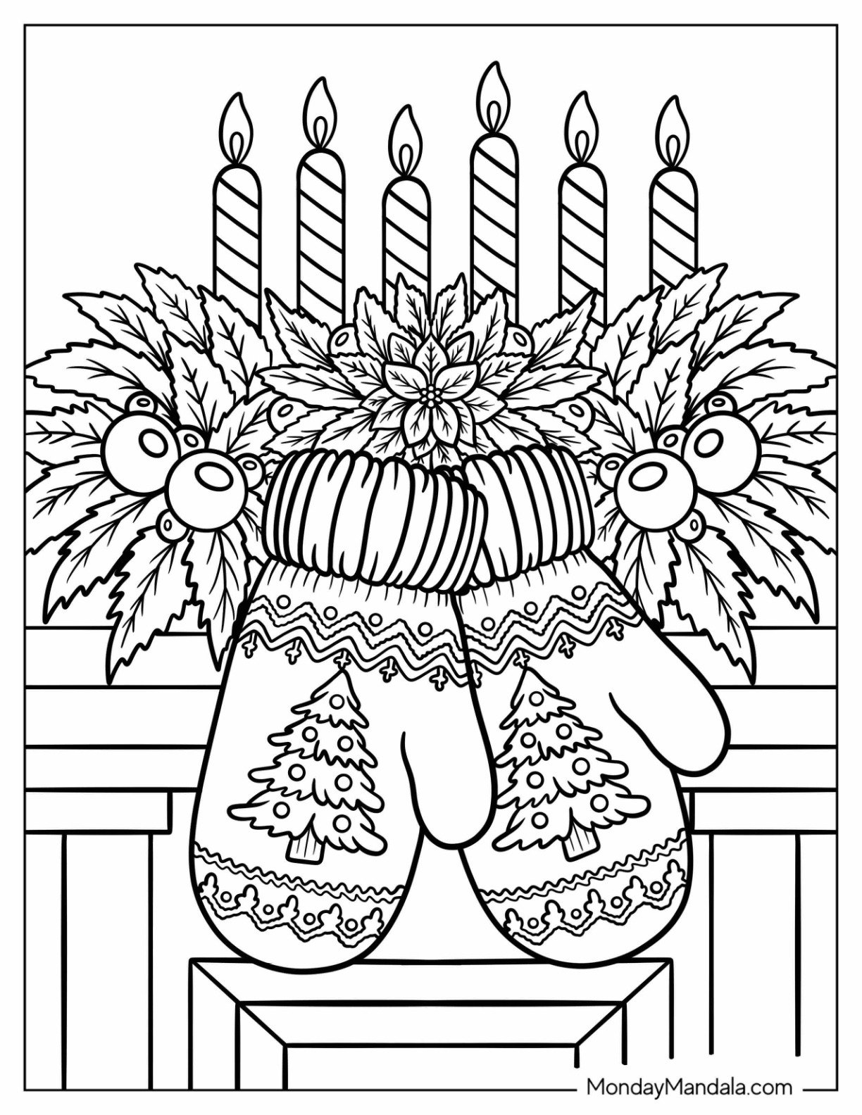Mittens Coloring Page with Christmas Tree Design Hanging from a Fireplace with Hollies