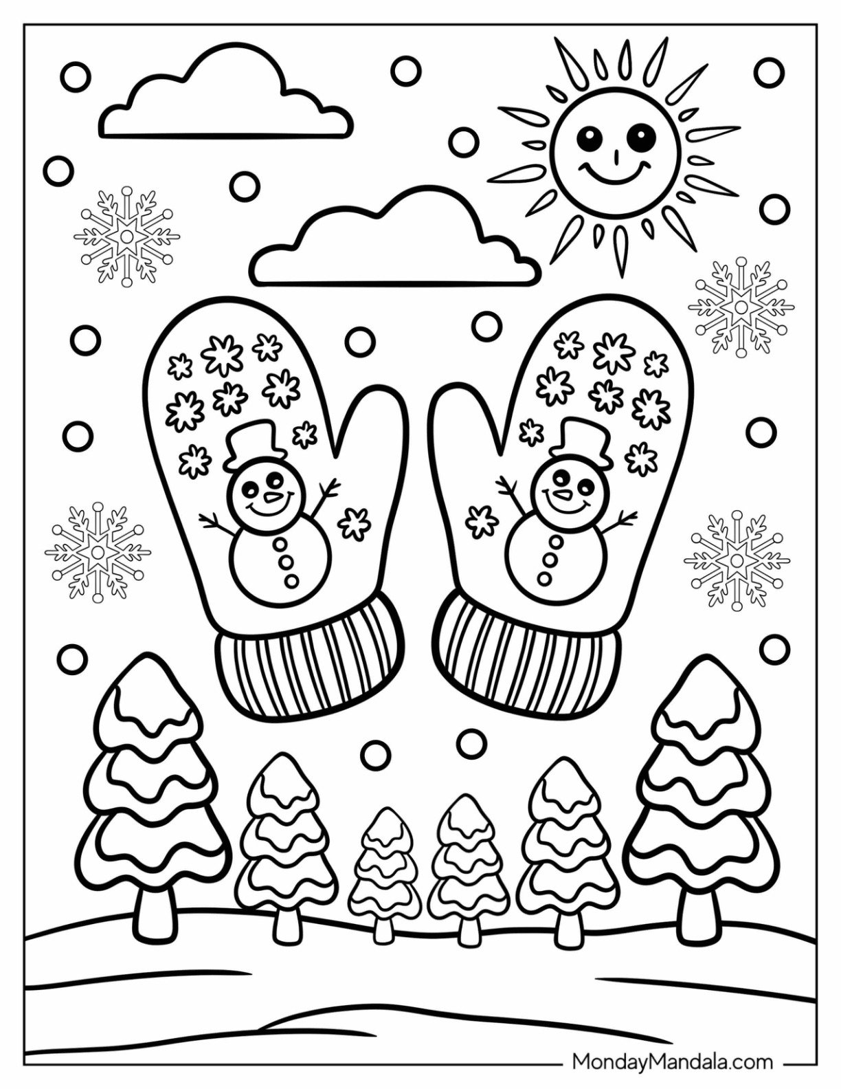 Mittens Coloring Page with Snowman Design Floating in Winter Landscape