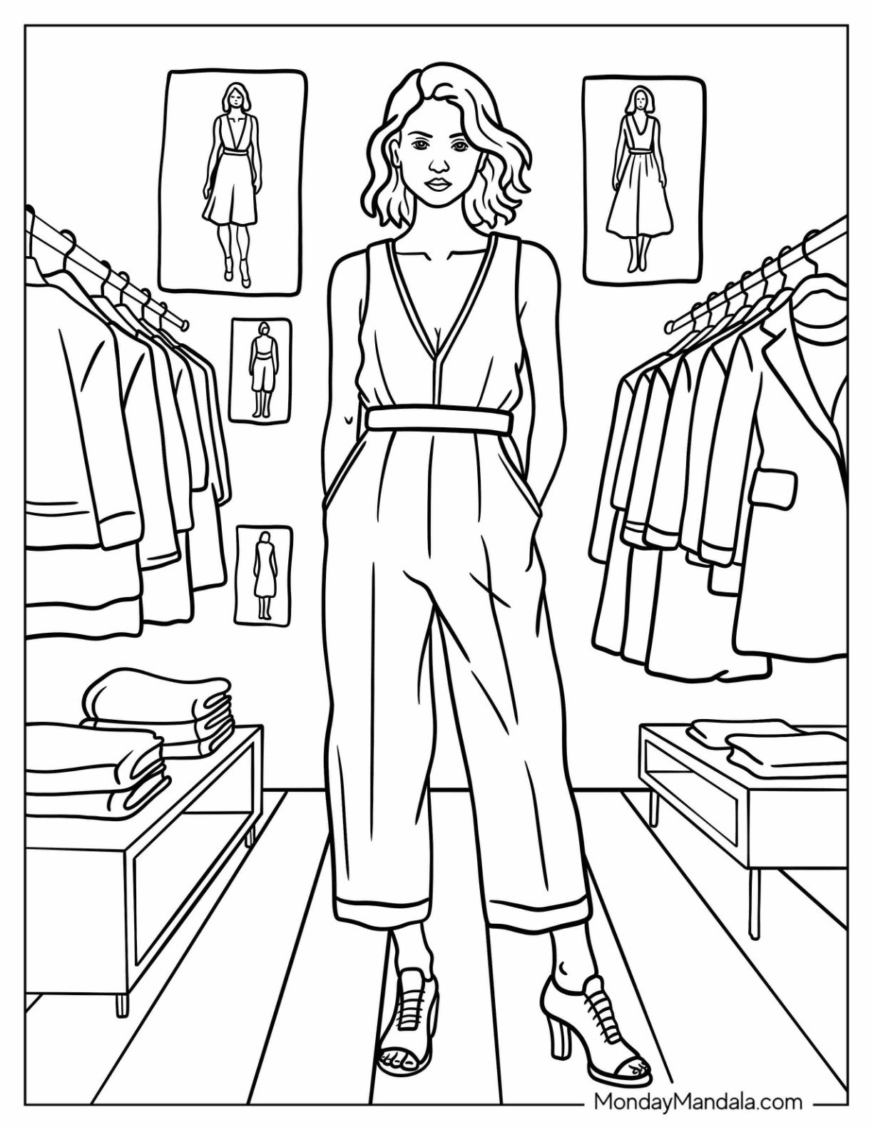 Fashion Coloring Page of Modern Boutique Interior with a Stylish Shopper Surrounded by Dresses and Coats Fashion