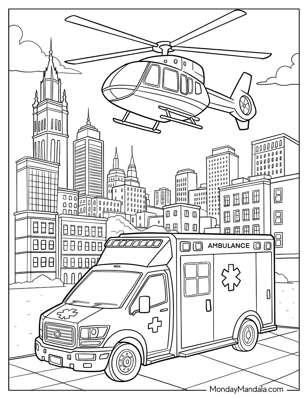 Modern City Ambulance and Medical Helicopter Ready for Emergency Response Coloring Pages
