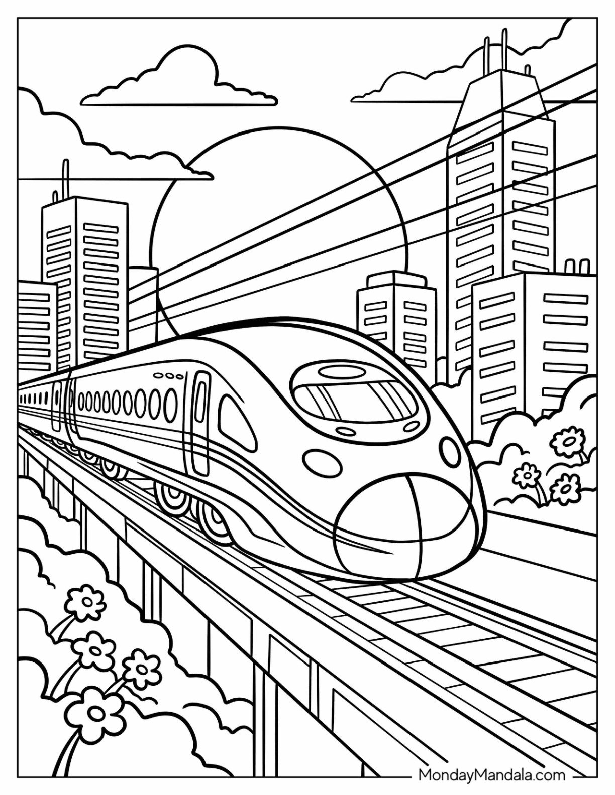Modern City Train Coloring Page Surrounded by Flowers and Power Lines