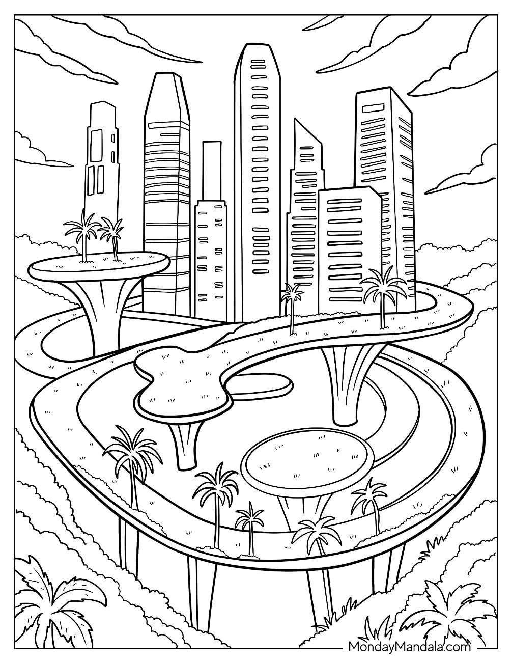 Modern City Coloring Page with Tall Buildings and Curved Highways
