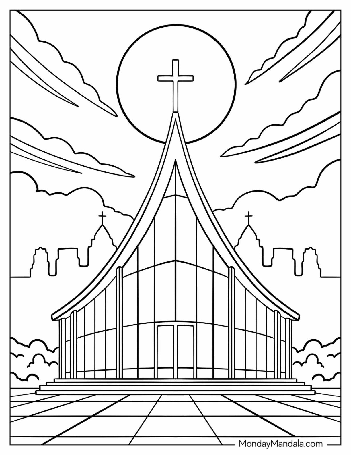 Modern Glass Church Coloring Page with Cross and Skyline
