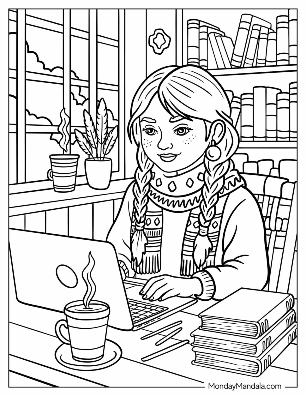 Modern Native American Coloring Page of Girl with Braids Working on Laptop in Library for Kids