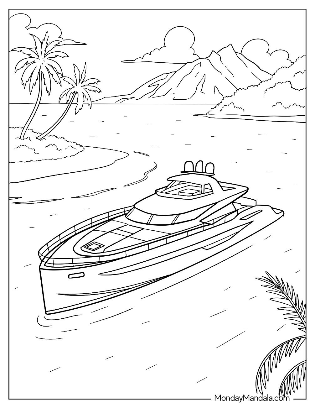 Boat & Ship Coloring Page of Modern Yacht Sailing Near a Tropical Island with Mountain View