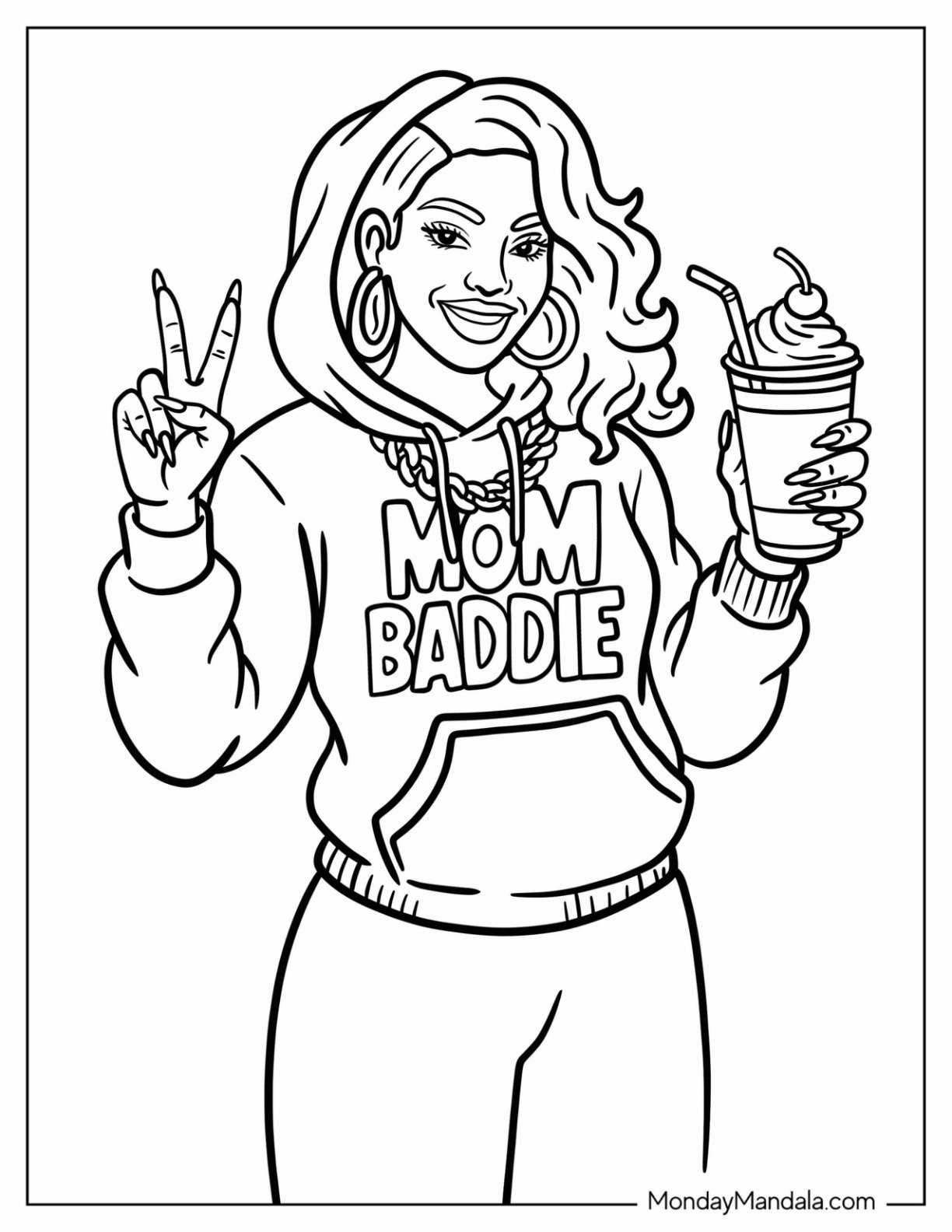 Mom Baddie Coloring Page in a Hoodie Holding a Smoothie