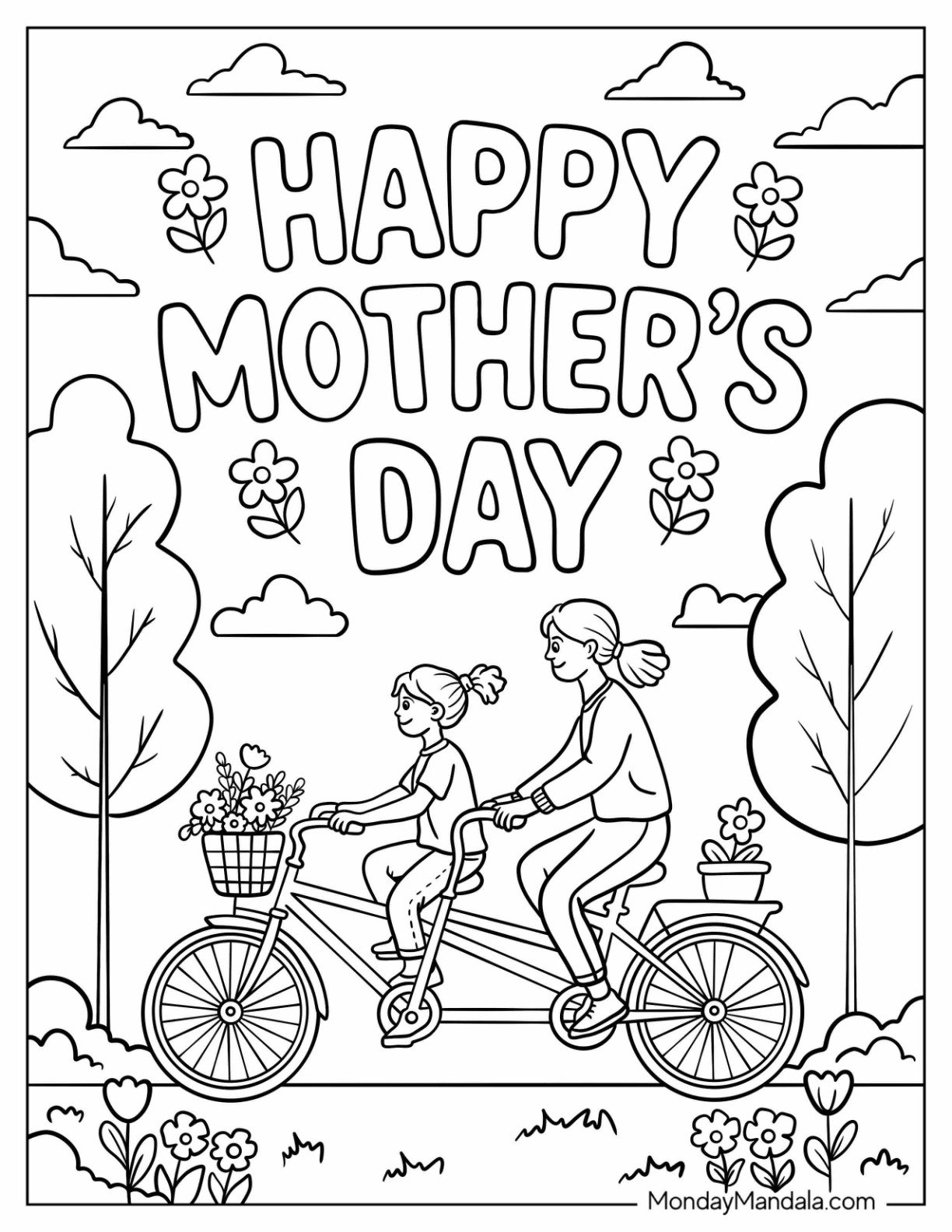 Mom and Daughter Biking Together Mother s Day Coloring Page