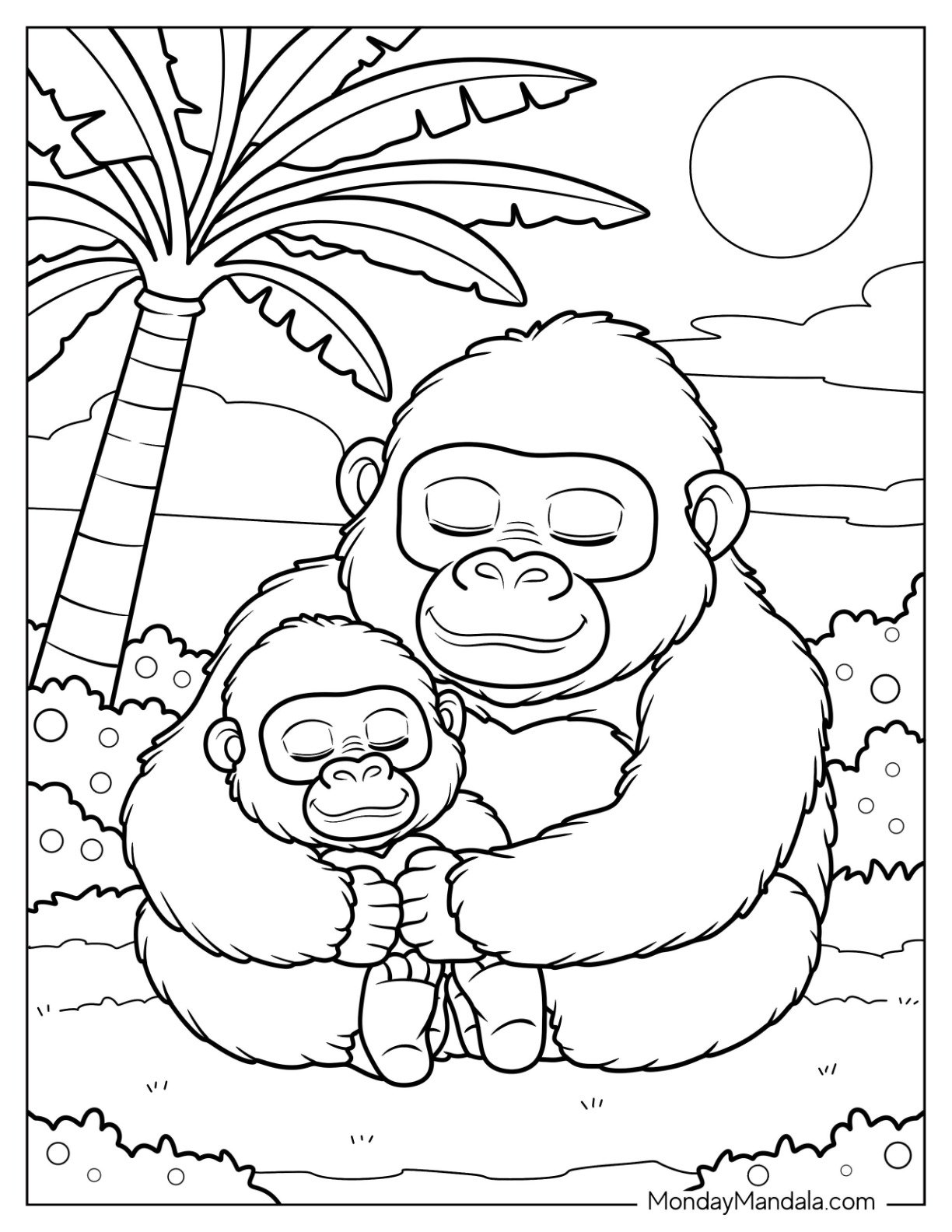 Mommy Gorilla Coloring Page Cuddling Baby Gorilla at Sunset for Kids