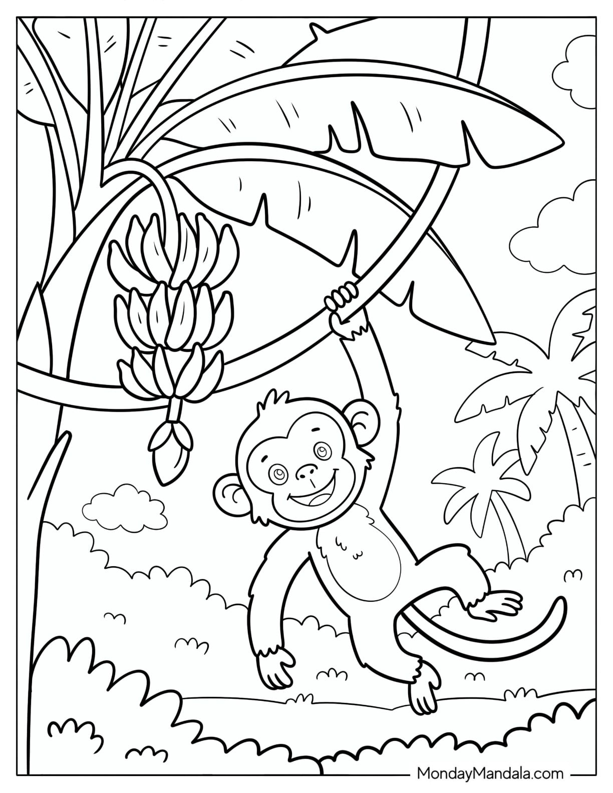 Monkey Hanging from a Banana Tree Coloring Sheet