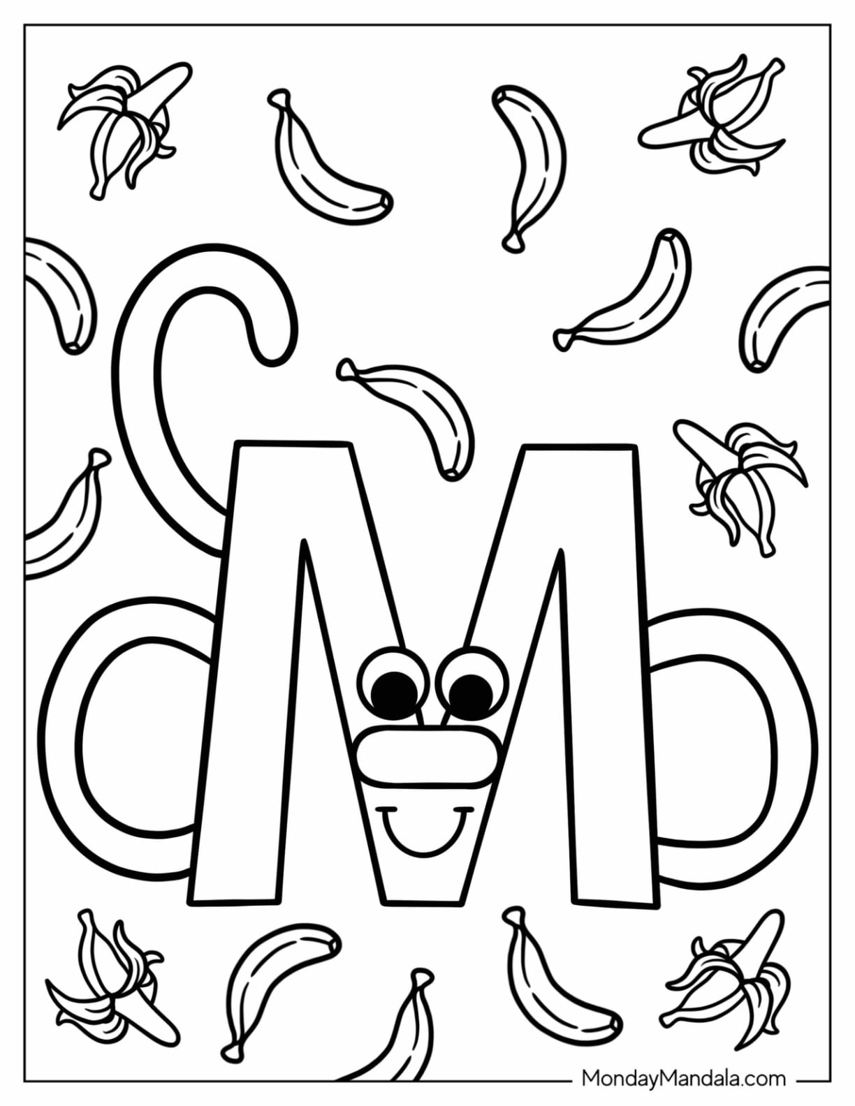 Monkey Letter M Coloring Page With Bananas
