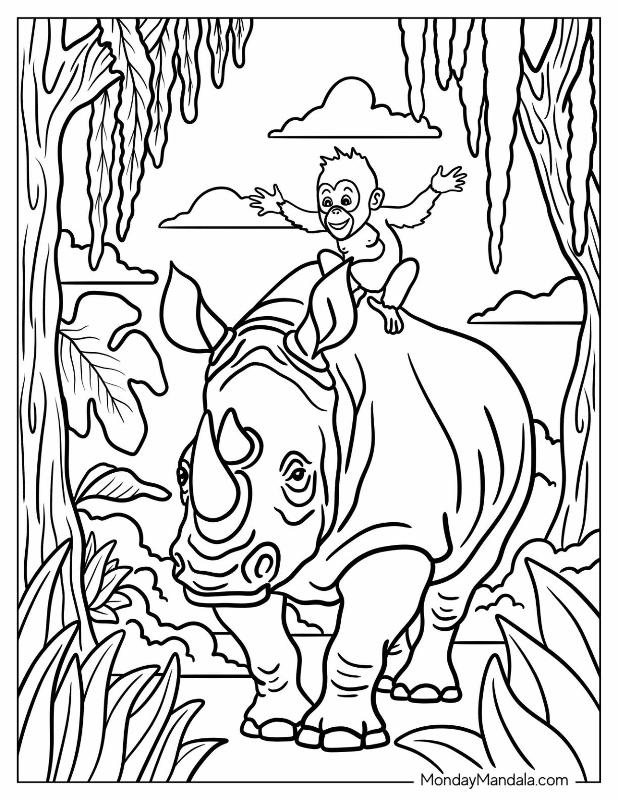 Monkey Sitting on the Back of a Rhino Coloring Page for Kids