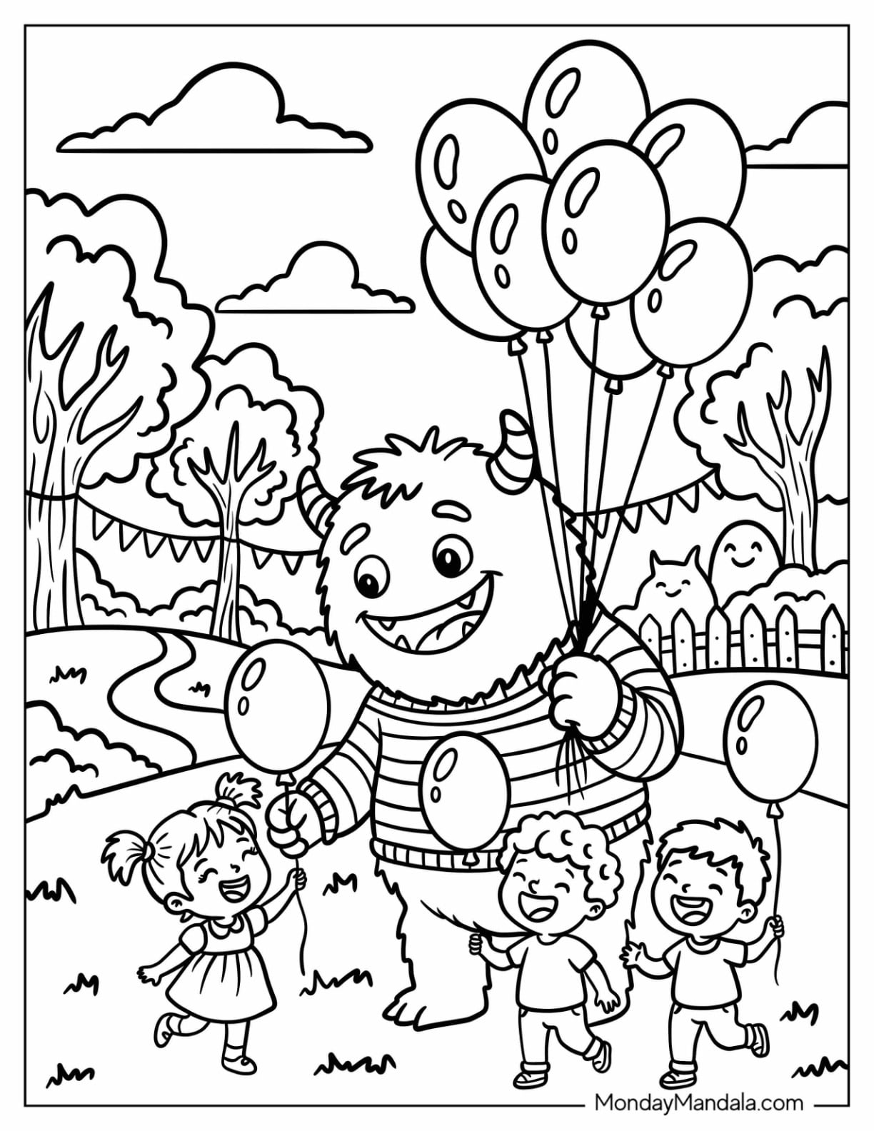 Monster Holding Balloons at a Park Party Coloring Page