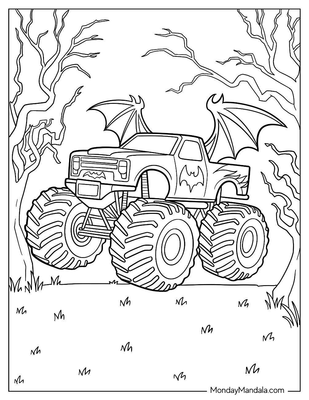 Monster Truck Coloring Page With Bat Wings In Haunted Forest