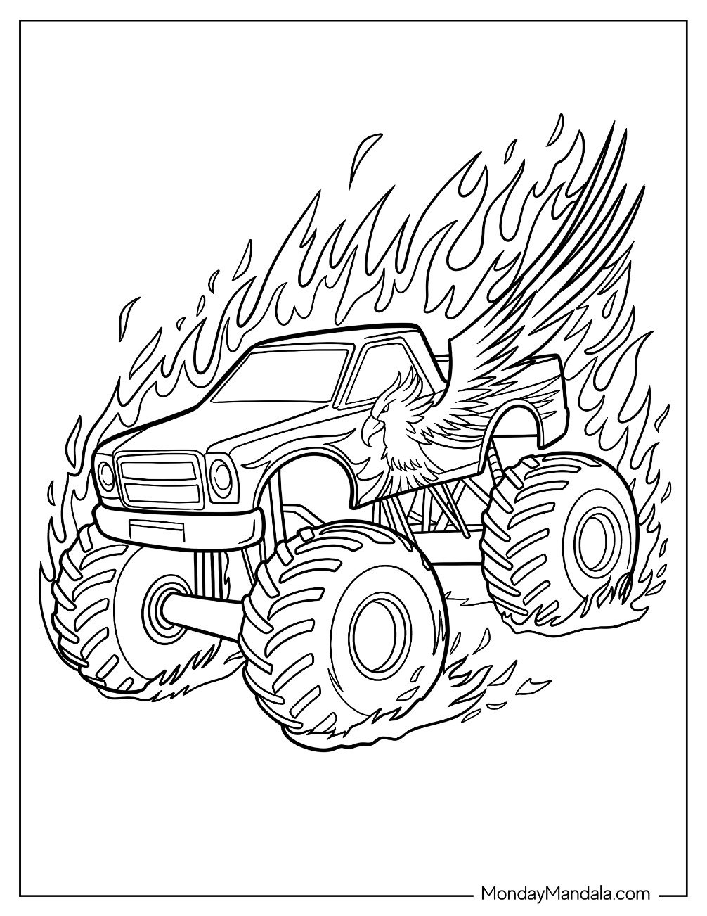 Monster Truck Coloring Page With Eagle Wing On Fire