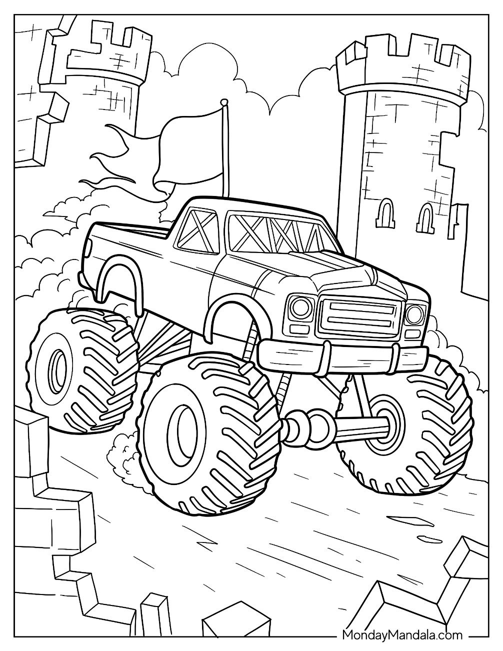 Monster Truck Coloring Page With Flag Speeding Downhill With Castle Background