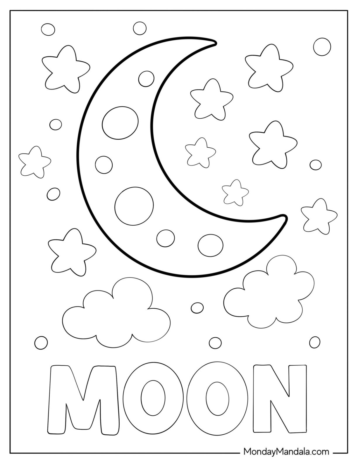Moon Coloring Page Text Below Cute Crescent Moon with Small Stars and Clouds for Preschoolers.pdf