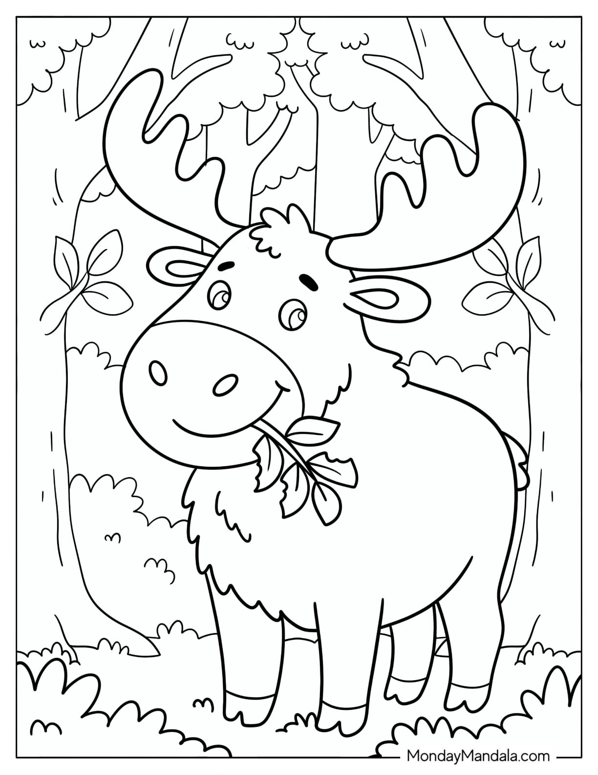 Moose Holding a Leaf in a Forest Coloring Page for Kids
