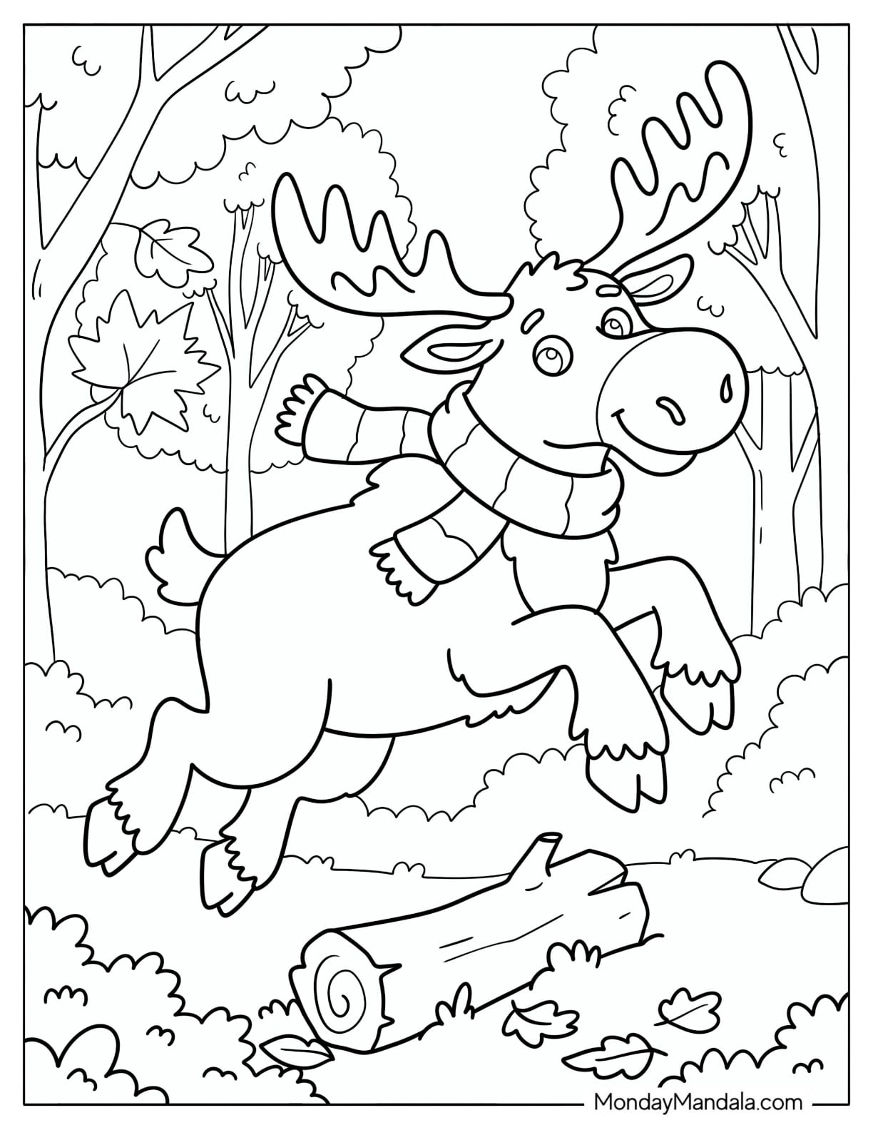 Moose Jumping Over a Log Coloring Page