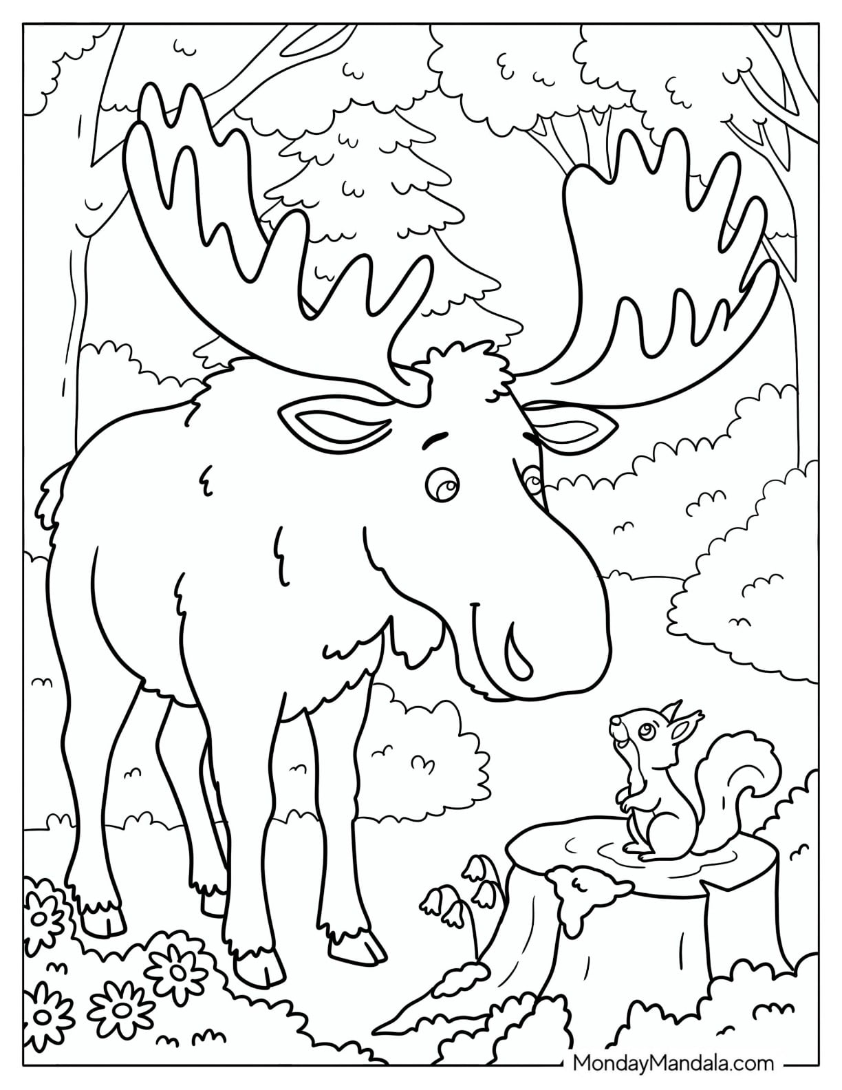 Moose Meeting a Squirrel in a Forest Coloring Page
