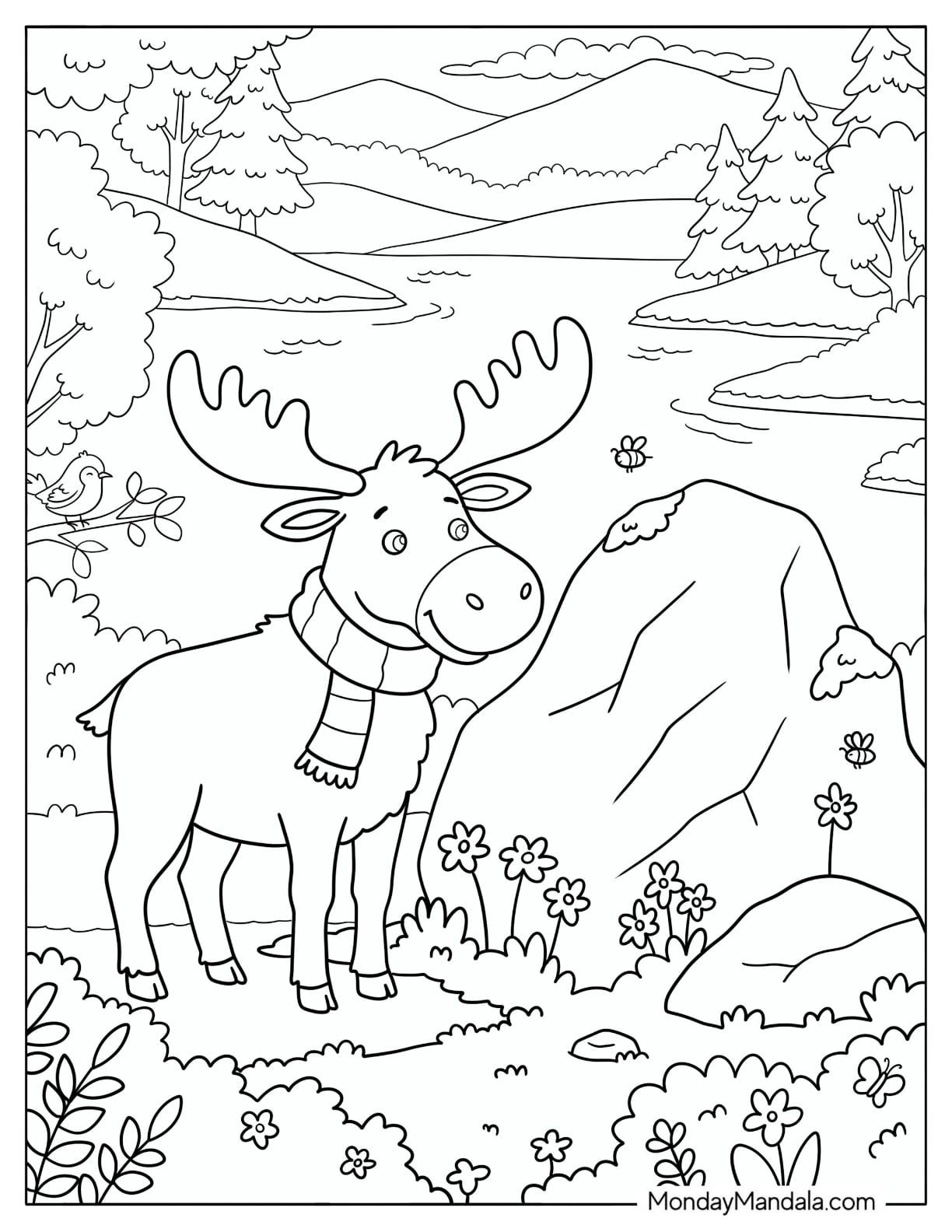 Moose Standing Beside a Rocky Lakeside Coloring Page for Kids