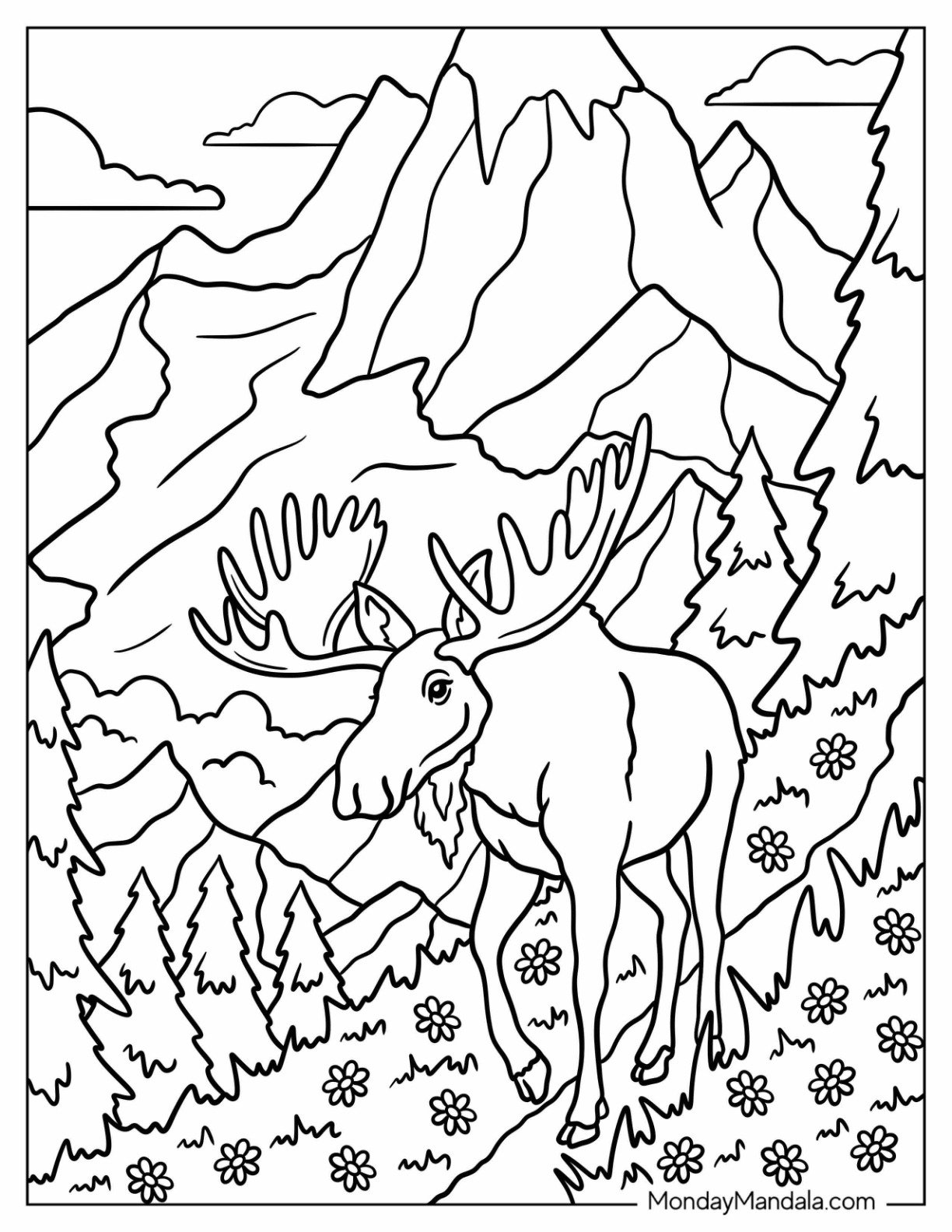 Moose Walking Down Mountain Path with Flowers Coloring Page for Kids
