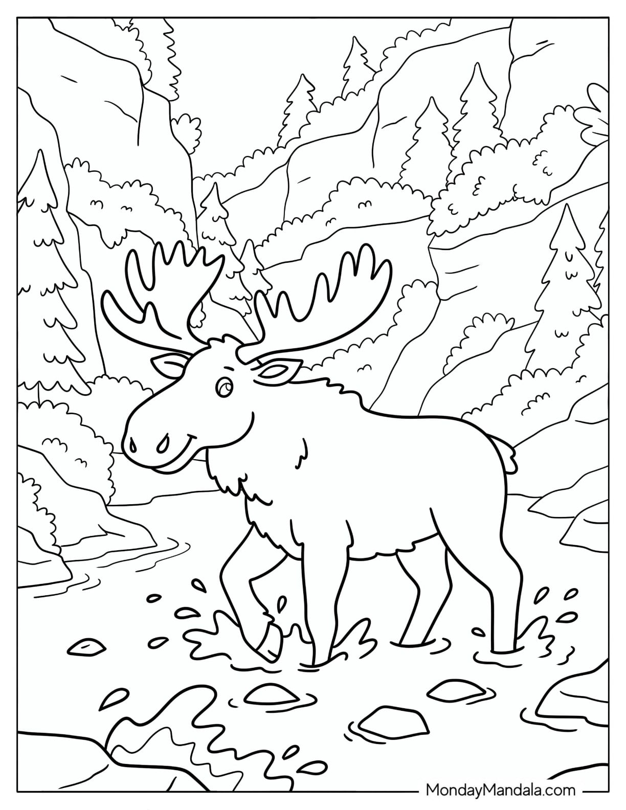 Moose Walking Through a Rocky Mountain Stream Coloring Page