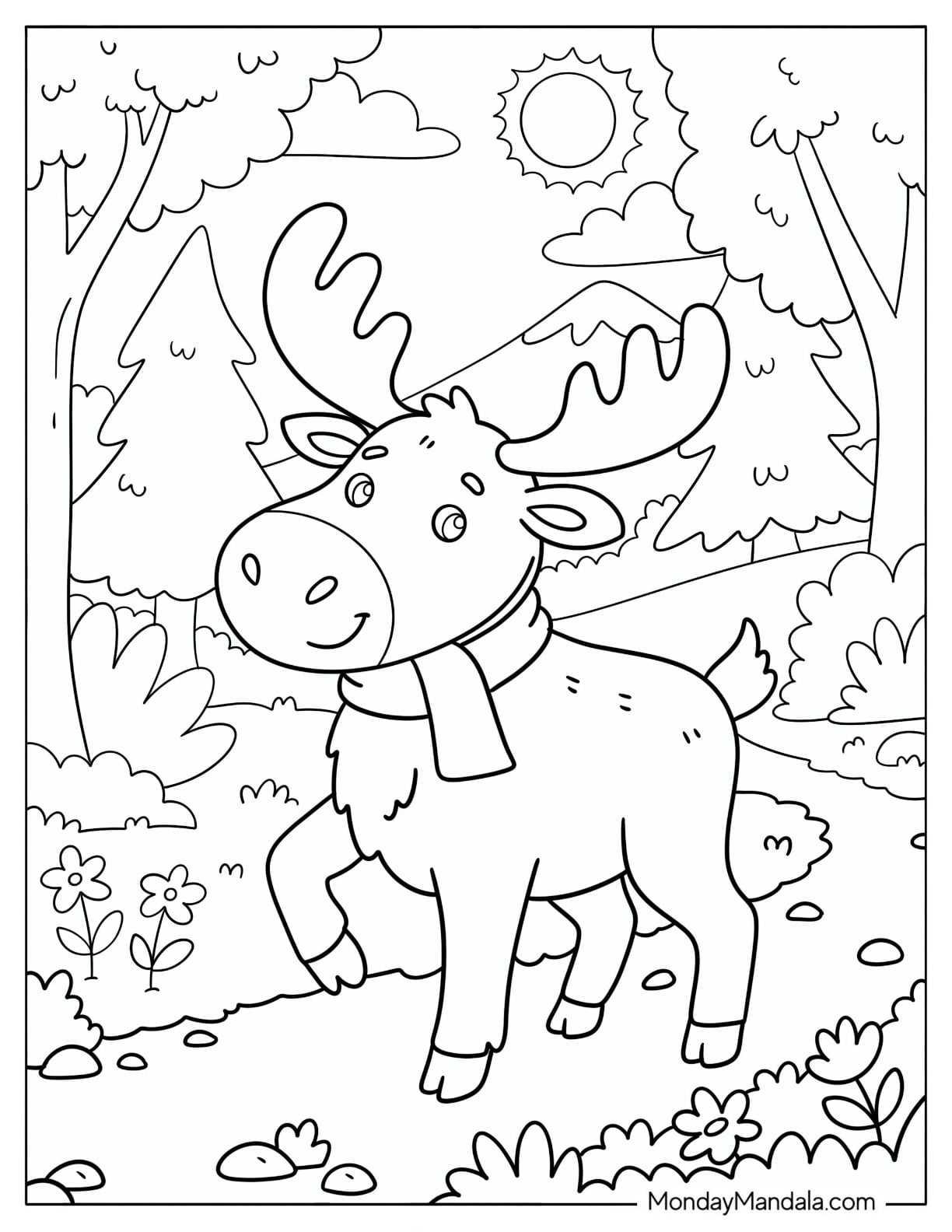 Moose Wearing a Scarf During a Forest Walk Coloring Page