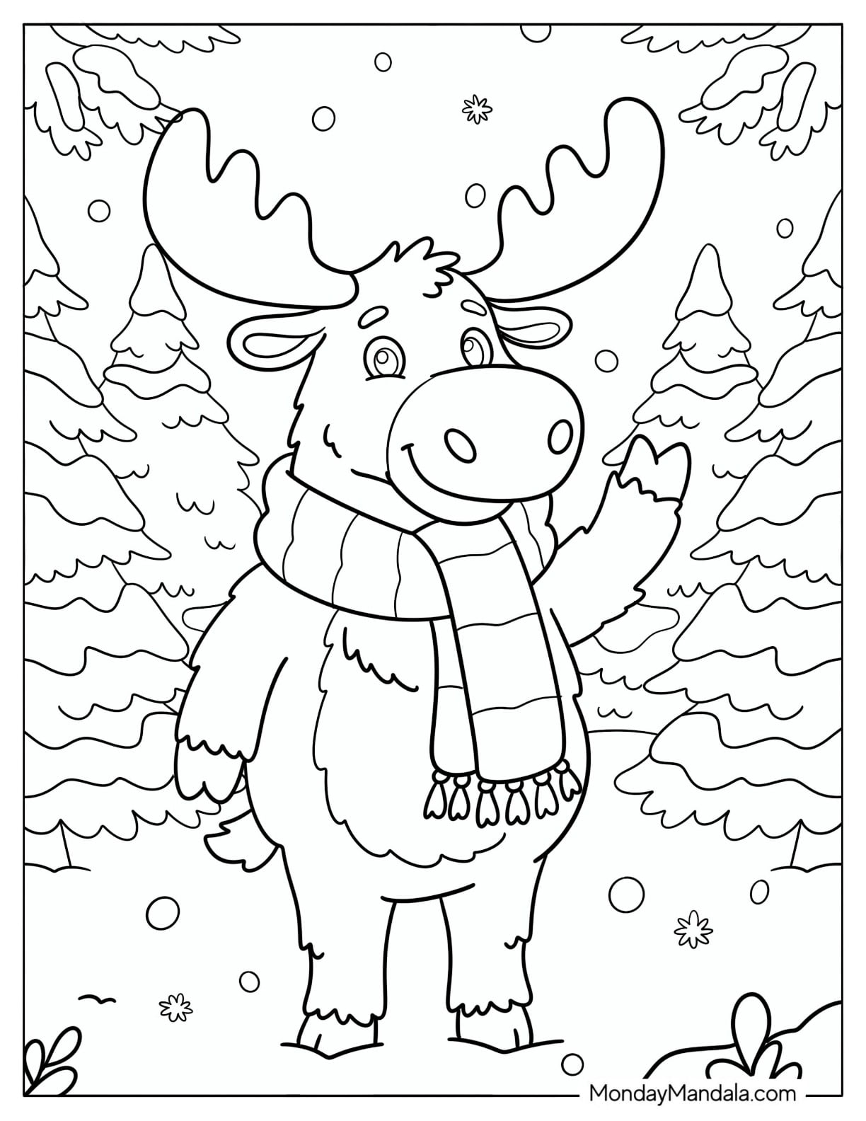 Moose Wearing a Scarf and Waving in a Snowy Forest Coloring Page