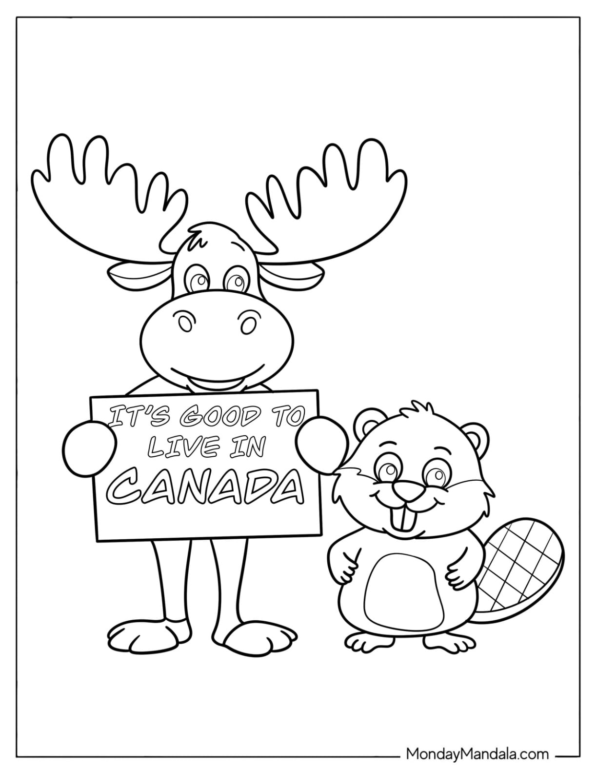 Canada Coloring Page of Moose and Beaver Holding “It’s Good to Live in Canada” Sign for Kids