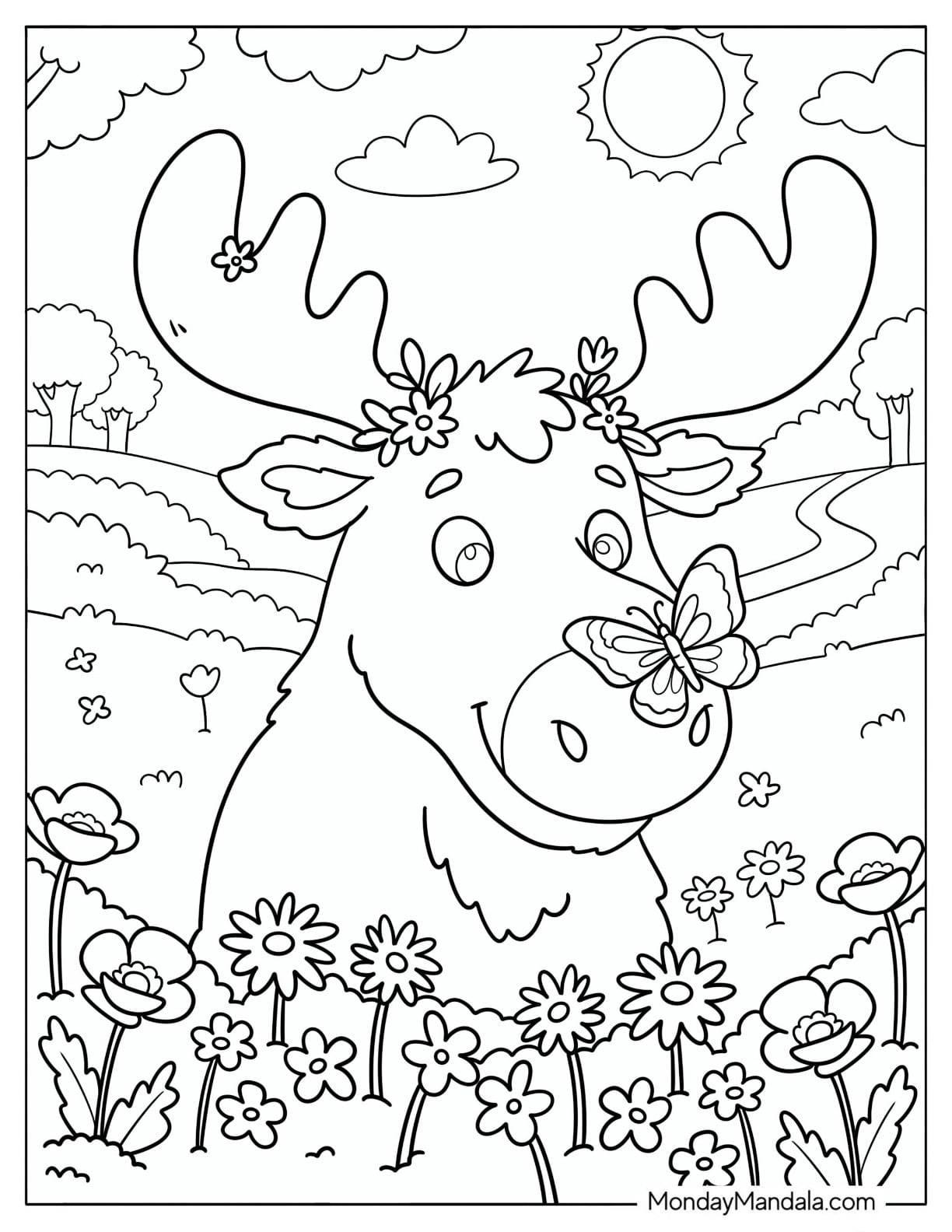 Moose with Flowers and a Butterfly in a Meadow Coloring Page