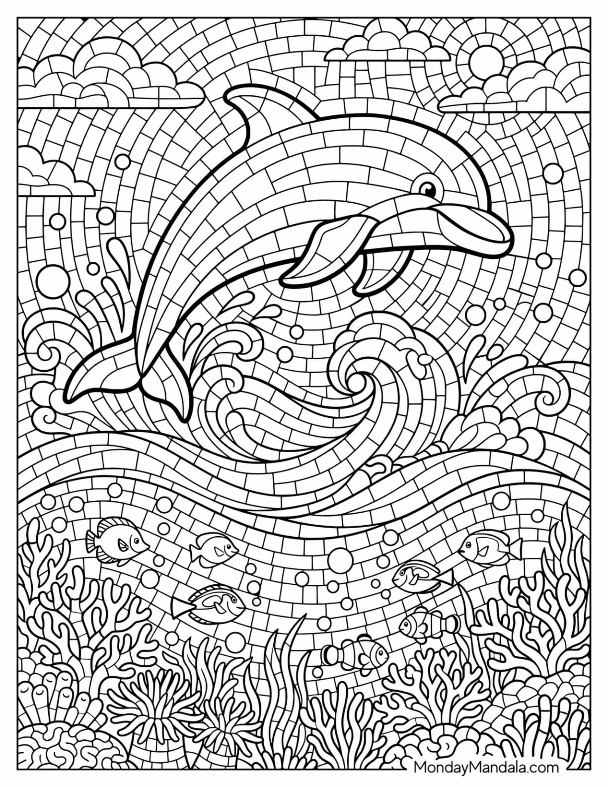 Mosaic Dolphin Leaping Above Ocean Waves and Coral Reef